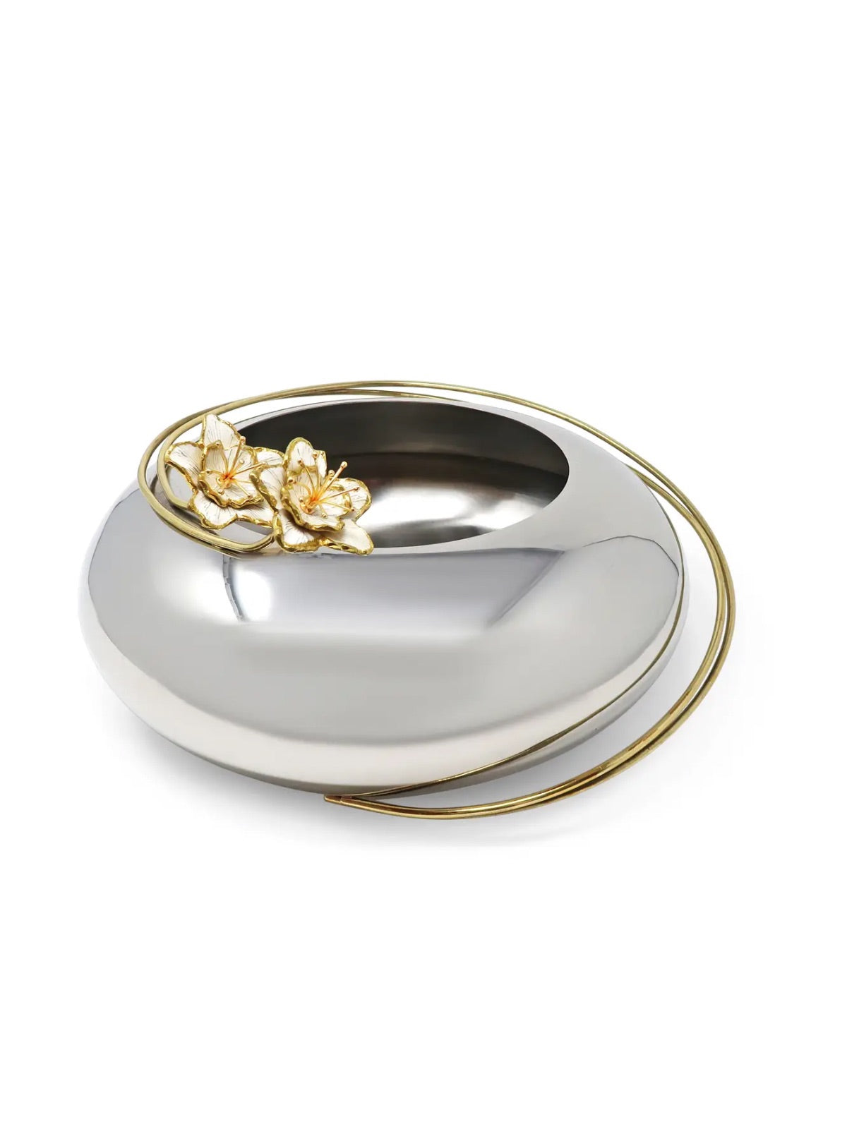 12D inches Silver Round Vase with Delicate White and Gold Enamel Flower Design.