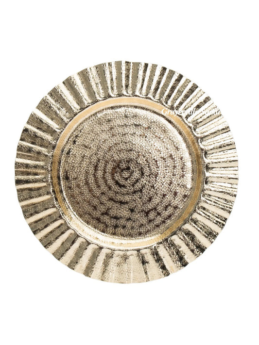 13D inches Stainless Steel Gold Ripple Charger Plate. Elevate dining with luxury, hand-washable elegance. Imported for unforgettable occasions.