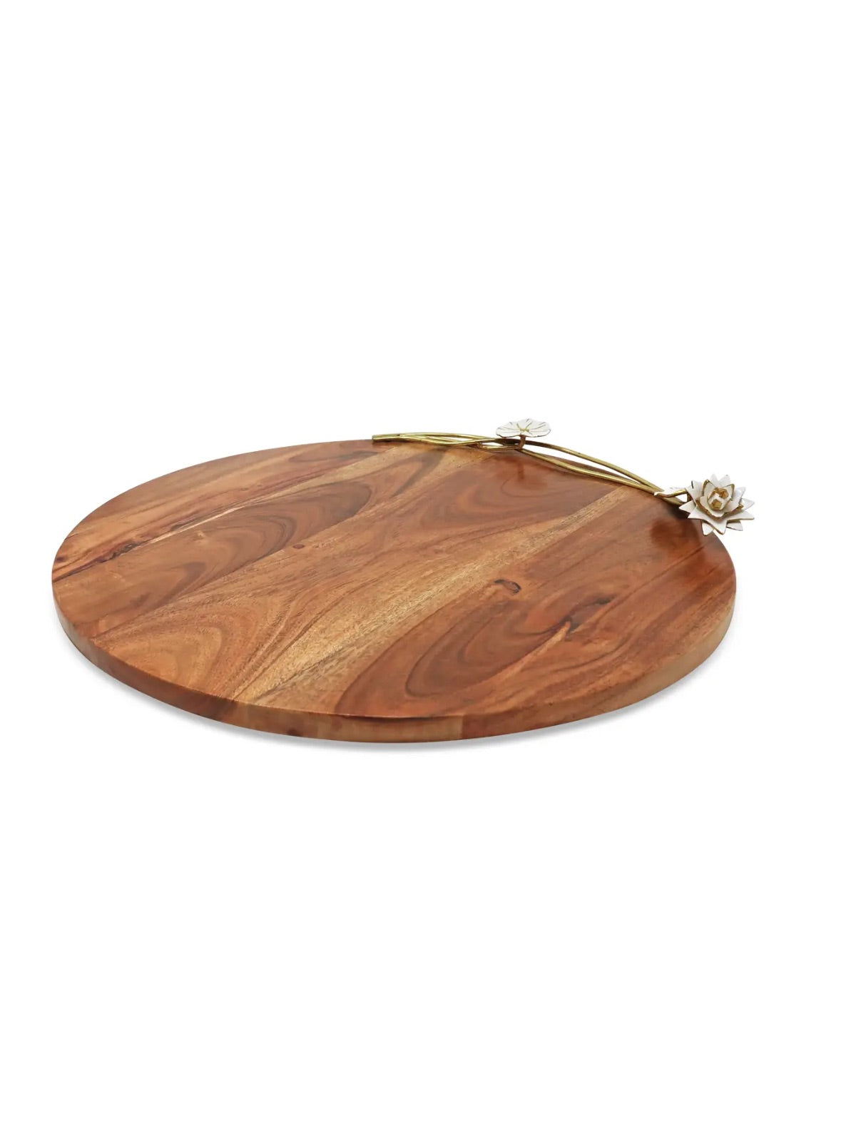 16 inch Round Wooden Charcuterie Board Featuring an Exquisite White and Gold Metal Lotus Design, Top View.