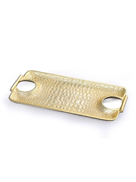 A luxurious gold stainless steel crocodile-textured serving tray with a hammered surface, perfect snacks and appetizers. Rectangular in shape, measuring 12.5L x 6W inches and crafted in India.
