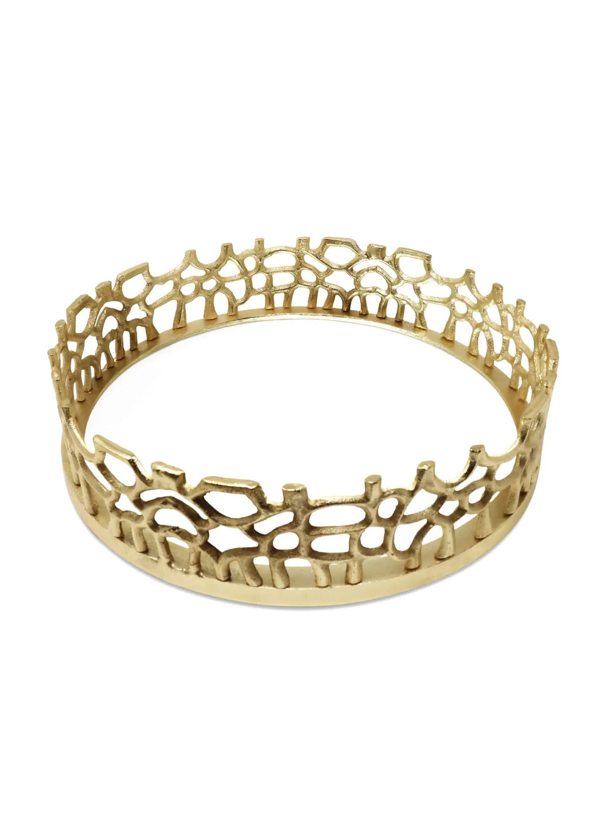 Round Gold Mirror Tray with Delicate Lace Design, Crafted with Quality Materials. Measures 12D x 3.75H inches.