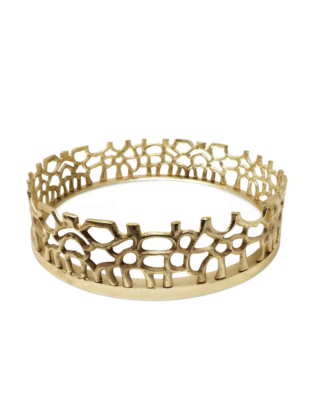 Round Gold Mirror Tray with Delicate Lace Design, Sold by KYA Home Decor. Measures 12D x 3.75H inches.