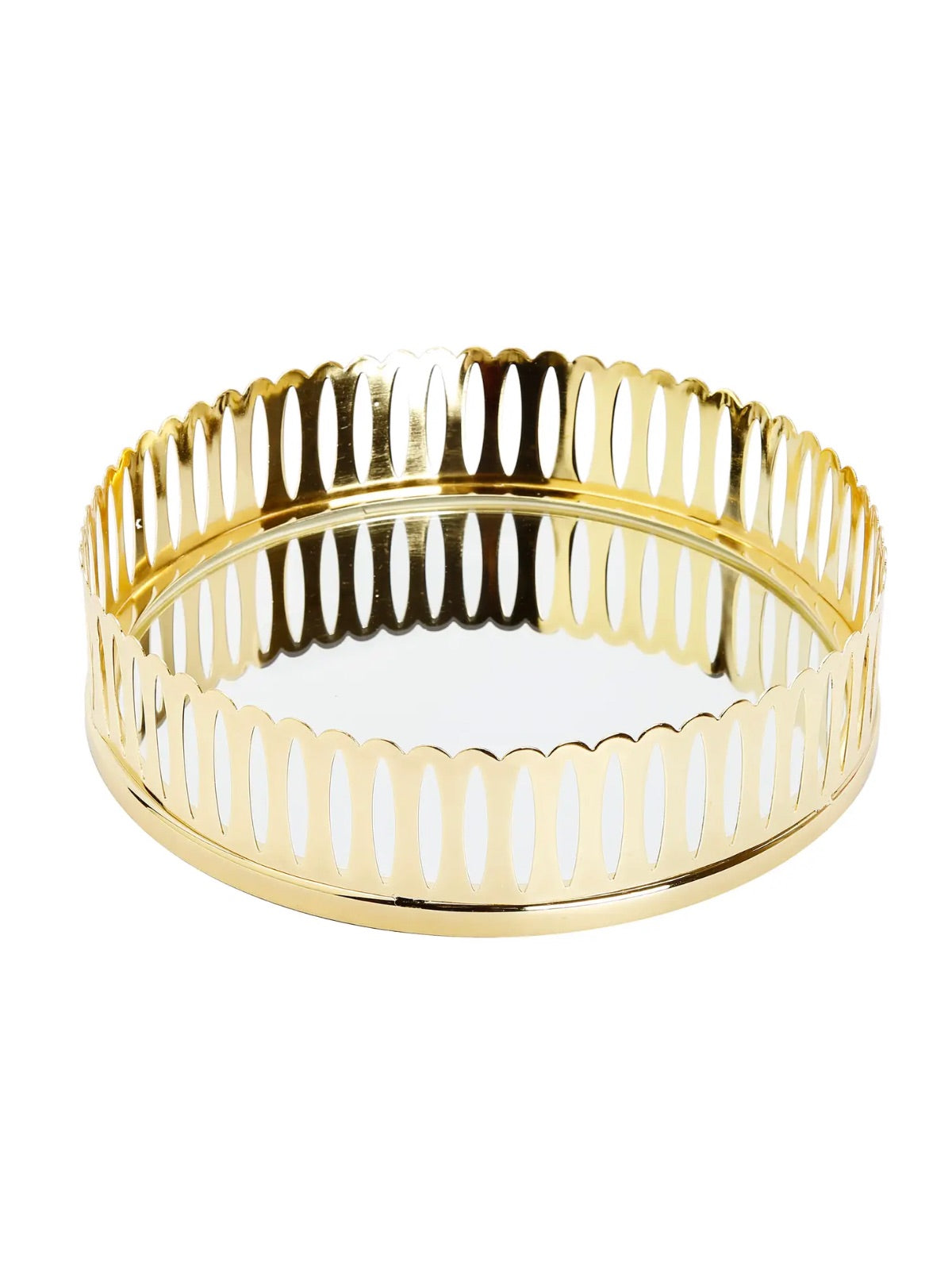 Round Mirror Tray with Elegant Gold Design, 13.75 inches in Diameter. Sold by KYA Home Decor.