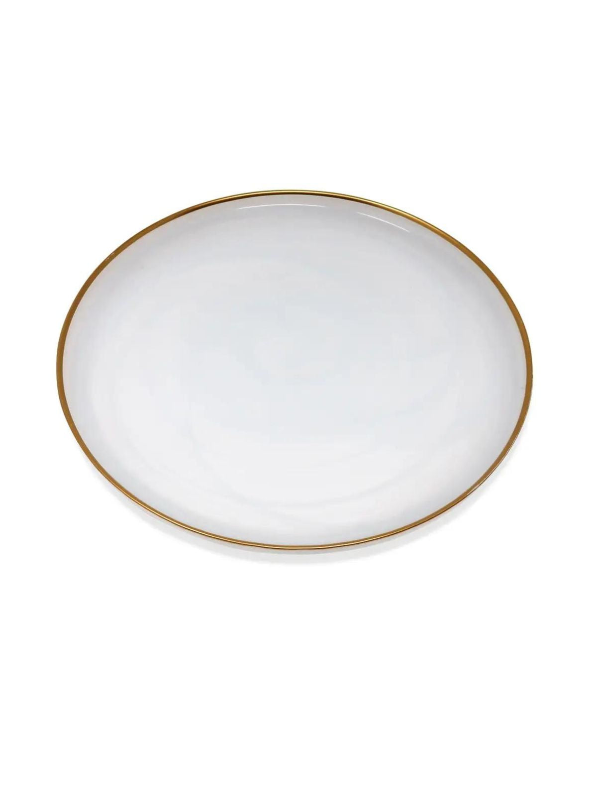 Set of 4 13D inches White Alabaster Chargers with Gold Rim, Top View.