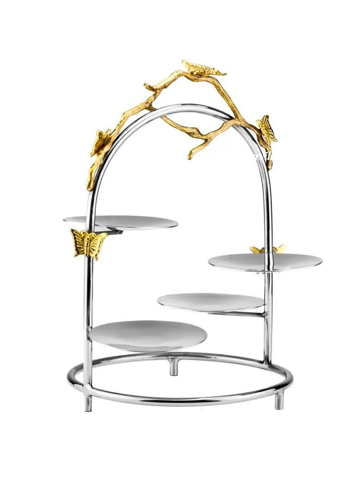 Stainless Steel Pastry Stand with Gold Butterfly Accent - Elegant dessert display for luxurious occasions measuring 8.75L X 8W X 12.5H inches.