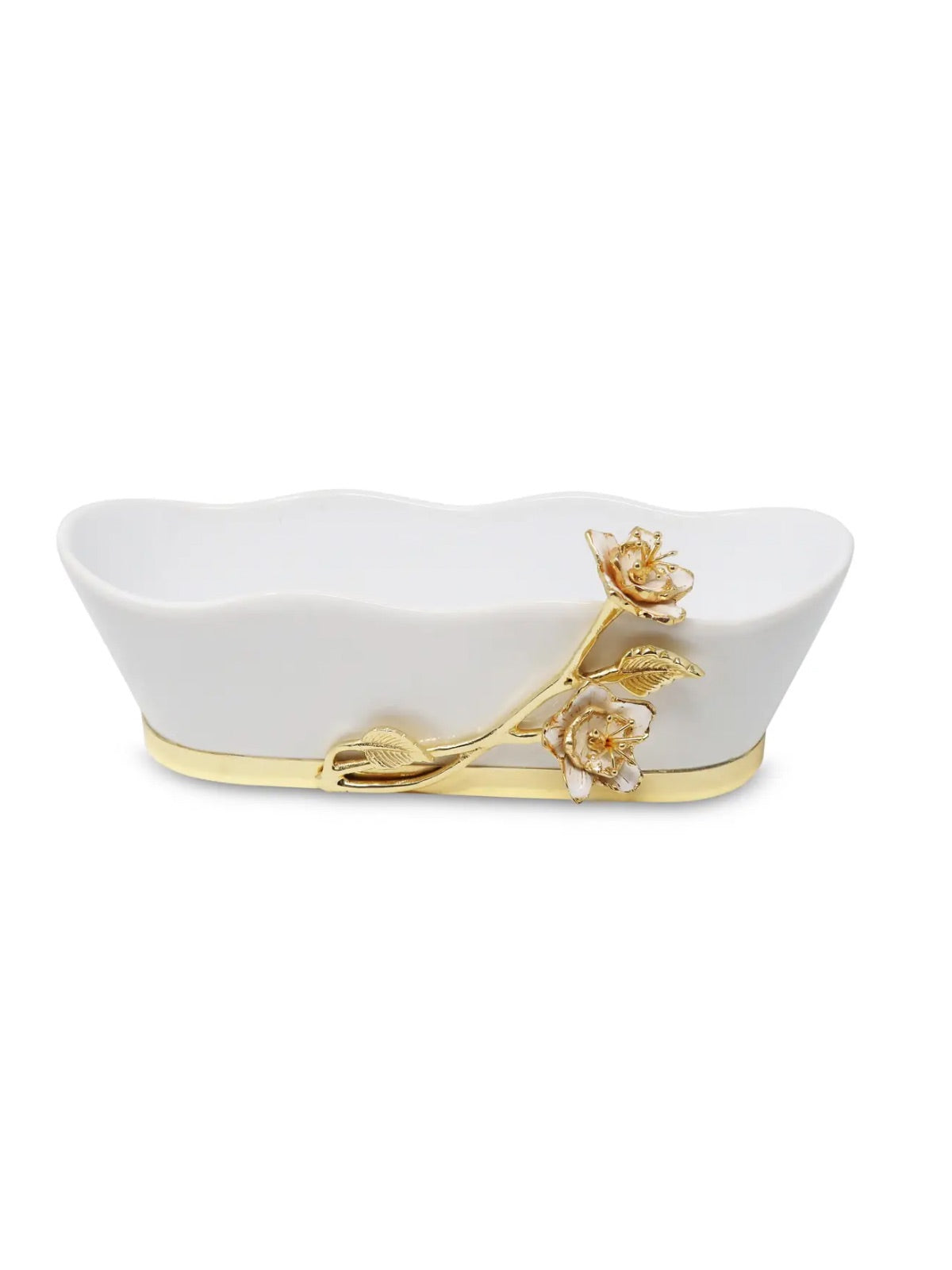 White Porcelain Rectangle Bowl with Gold Flower Detail, 11 inches.
