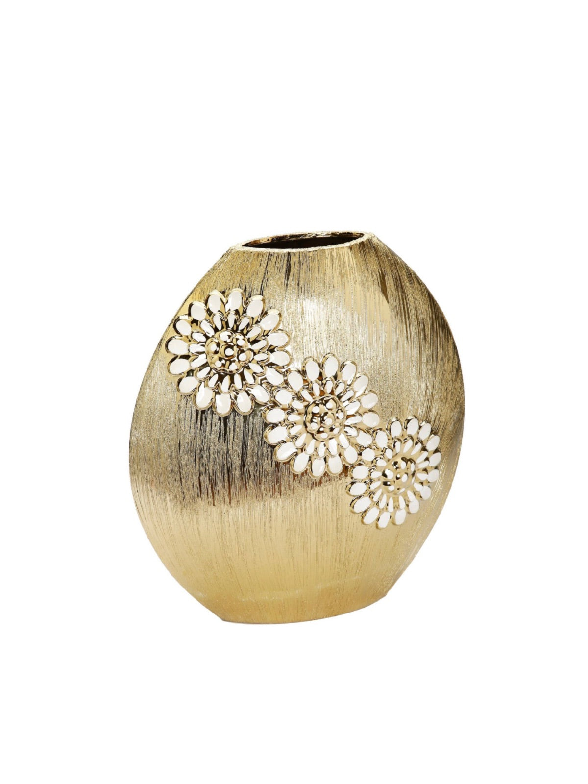 10.6H Luxury Round Matte Gold Ceramic Vase With White Textured Flower Design - KYA Home Decor.