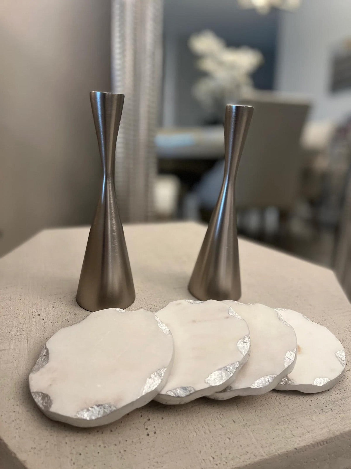 Set of 2 7.5H Silver Aluminum Candlestick Holders With Hourglass Designed - KYA Home Decor.