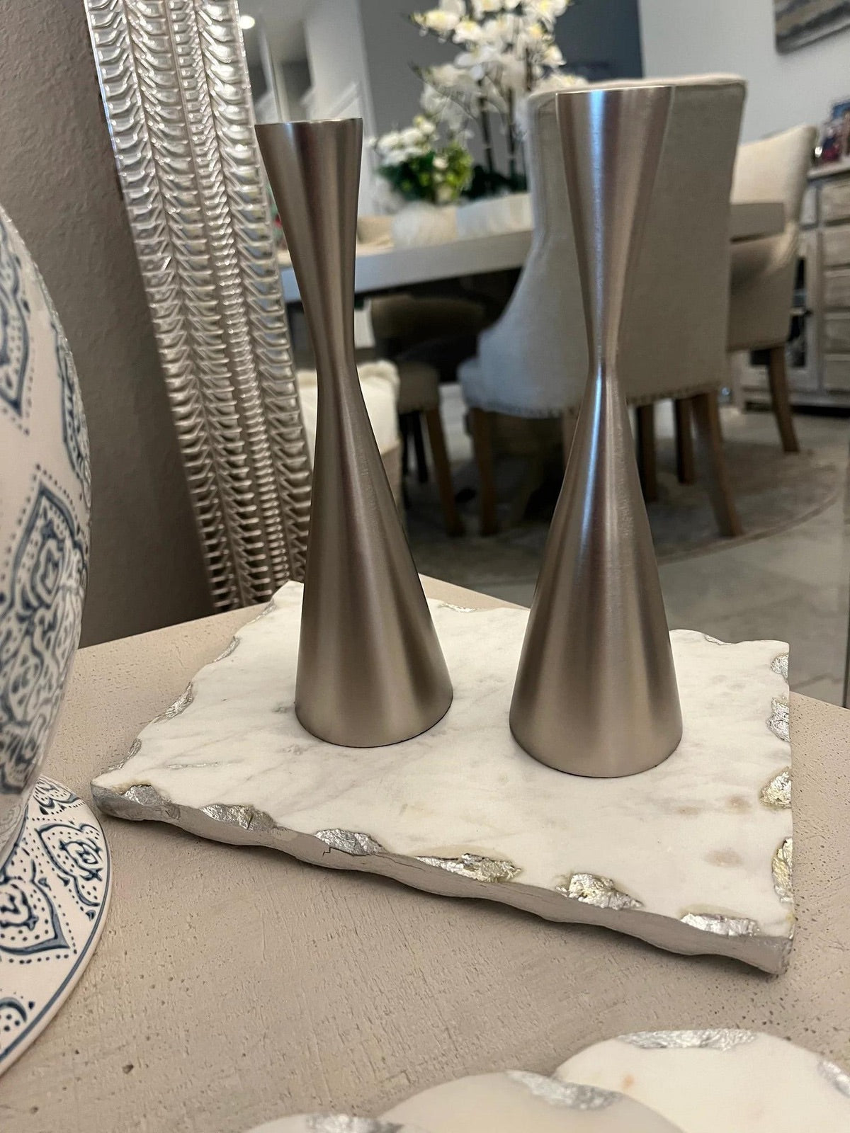 Set of 2 7.5H Silver Aluminum Candlestick Holders With Hourglass Designed - KYA Home Decor.