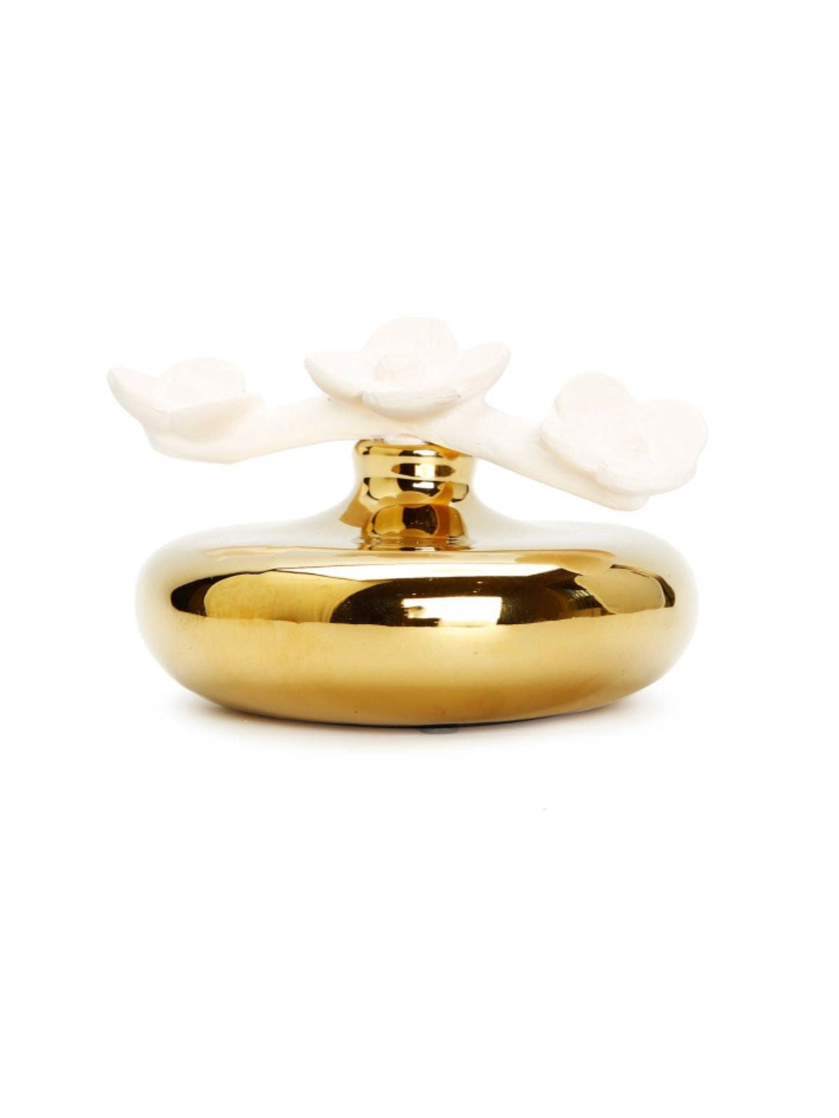 Gold circular porcelain oil diffuser with three white floral with Iris and Rose scent sold by KYA Home Decor.