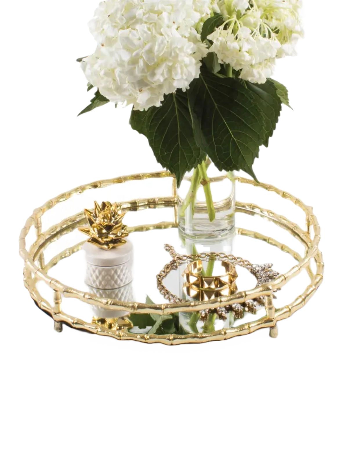 Gold Metal Bamboo Designed Round Mirror Tray Staged.