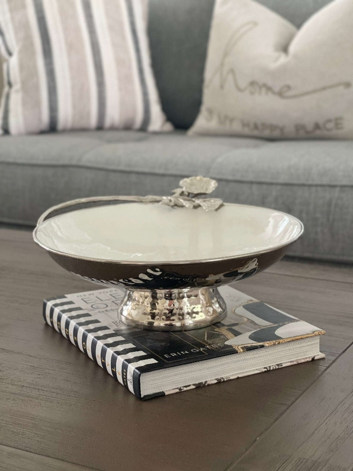 White Enamel Inner Luxury Bowl with Silver Stainless Steel Flower Detail