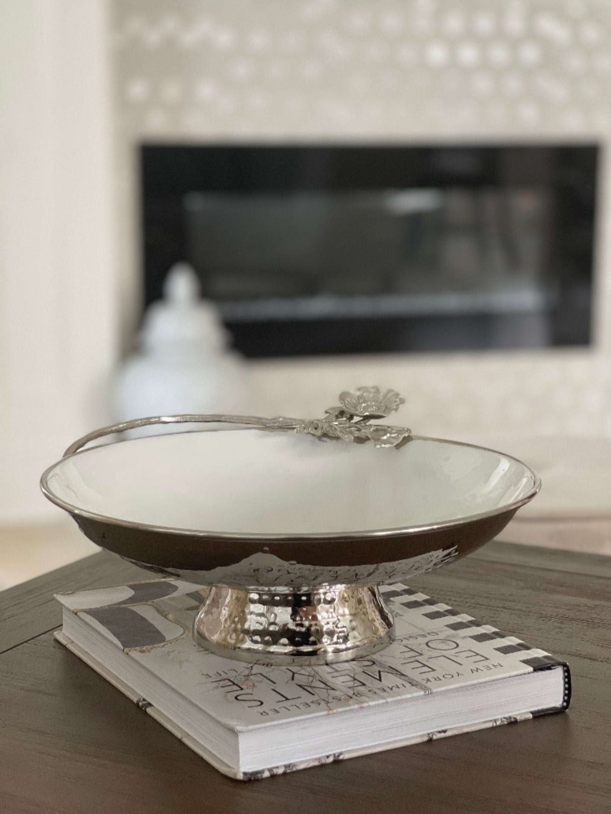 White Bowl with Silver Flower Detail.