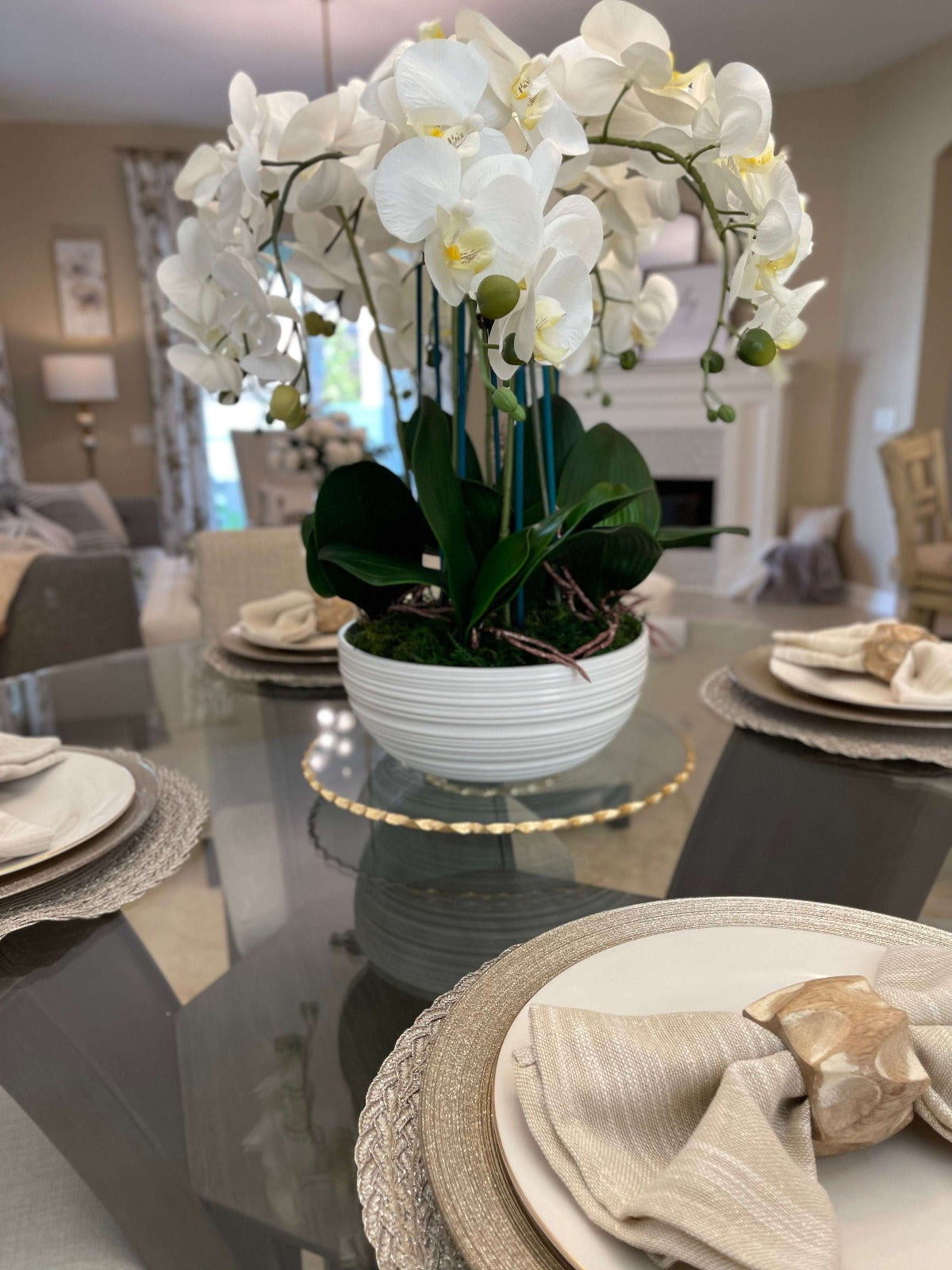 13.25D Lazy Susan Rotating Glass Cake Tray With Gold Edges Displayed with Faux Orchids.