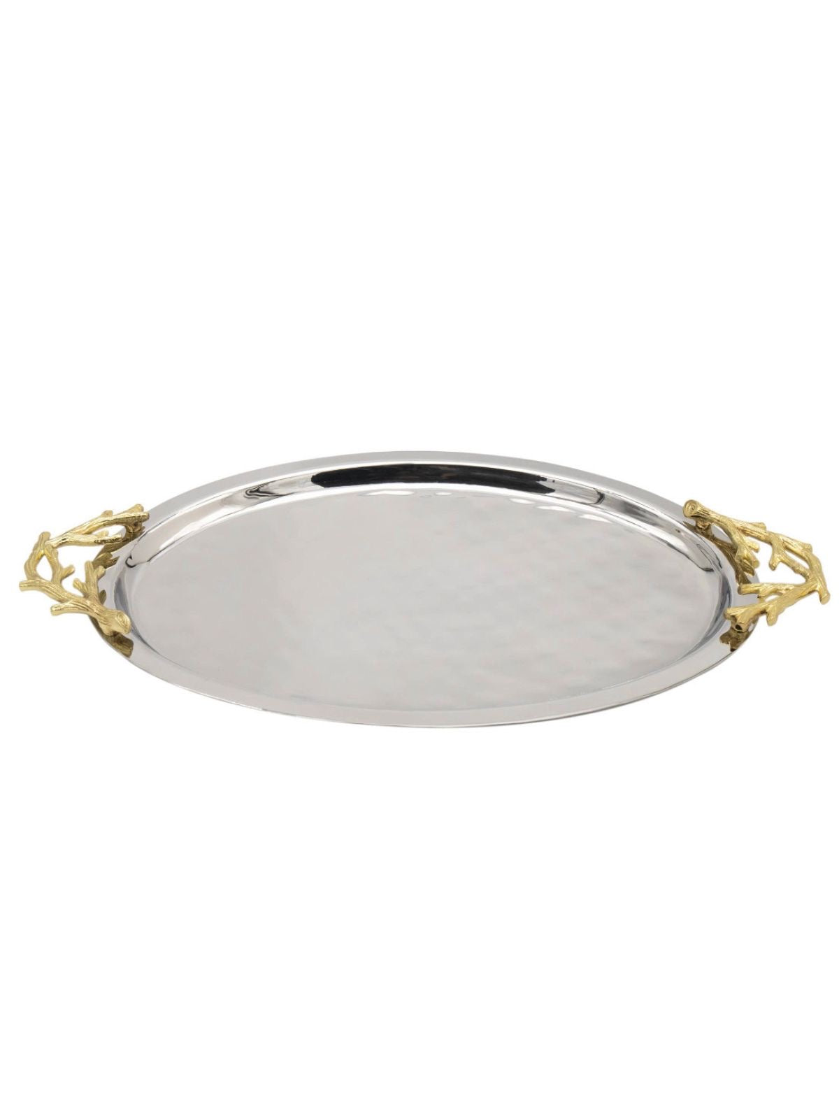 This stainless steel oval tray features gold branch handles and is a perfect for serving your favorite dishes.