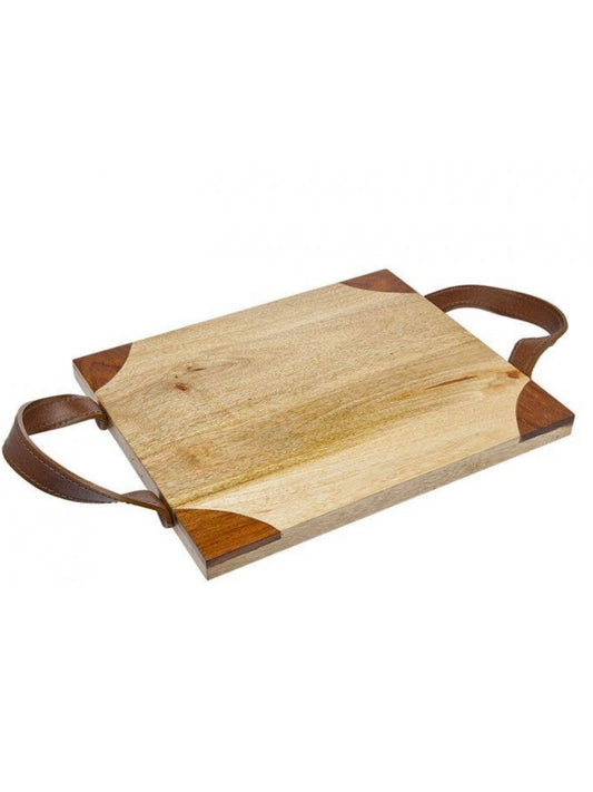 Wood Serving Tray with Leather Handles, 14D.