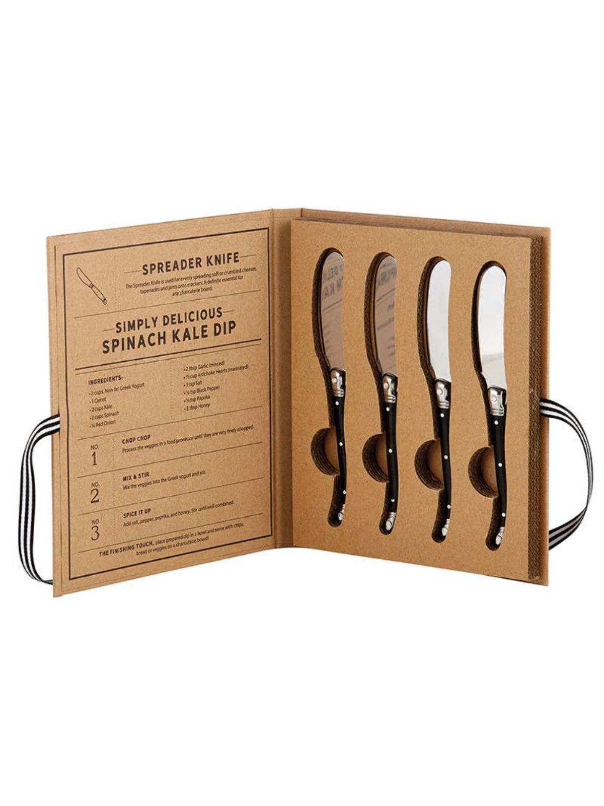 Gather up the tools needed to create your own charcuterie board with this set of essentials spreader knives made from stainless steel in Corrugated cardboard box sold by KYA Home Decor.