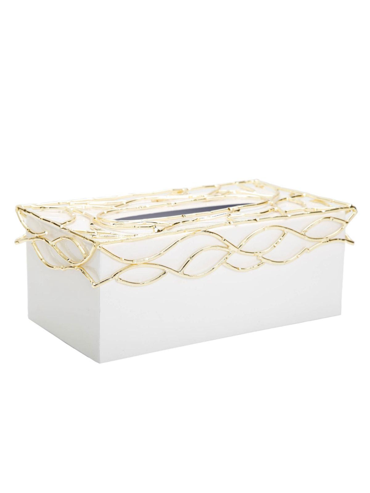 White Ceramic tissue box holder with gold mesh design on top, 10L x 5W.