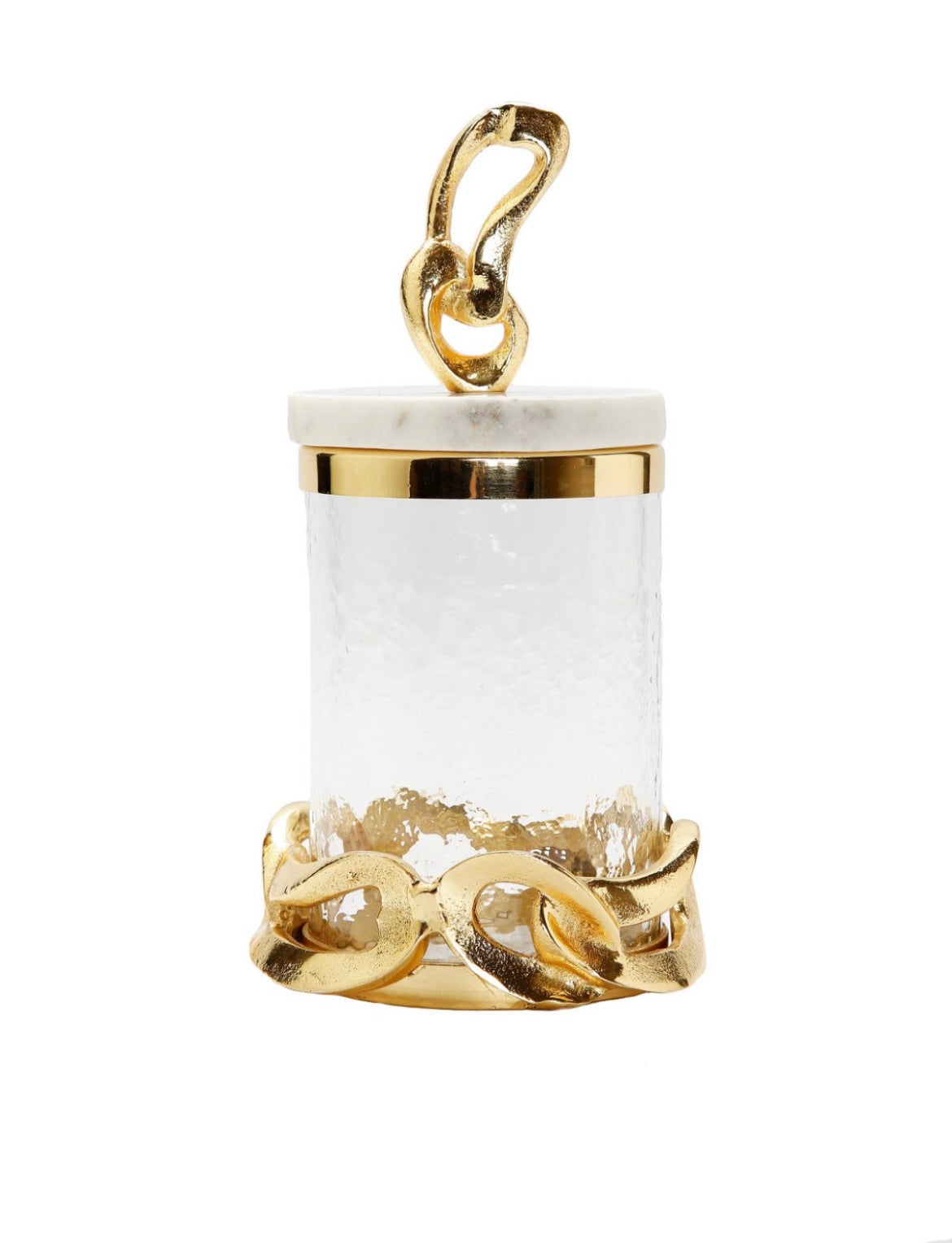 The Catena D’ Oro Glass Canisters has a beautiful gold chain design nestled at the bottom and top with a Marble Lid available in Size Small from KYA Home Decor