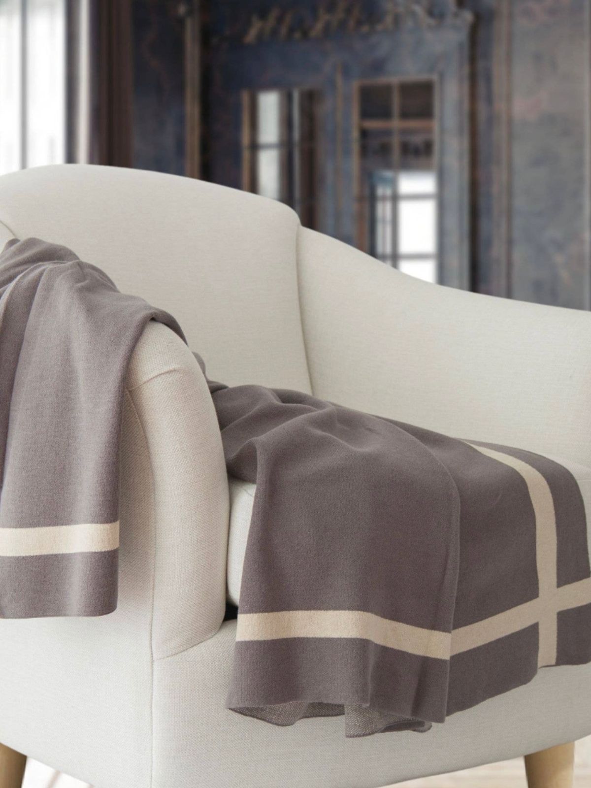 100% Cotton Equestrian Stripe Knit Decorative Throw Blanket in Luxurious Charcoal Color, 50W x 60L.