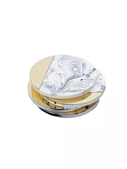 This is a stunning set of 4 coasters decorated with a marble design and gold brass sold by KYA Home Decor.