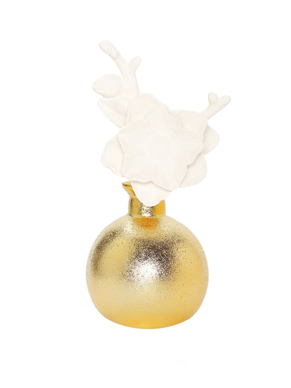 Lily of the Valley scent in a matte gold oil diffuser decorated with tall white branched flower.