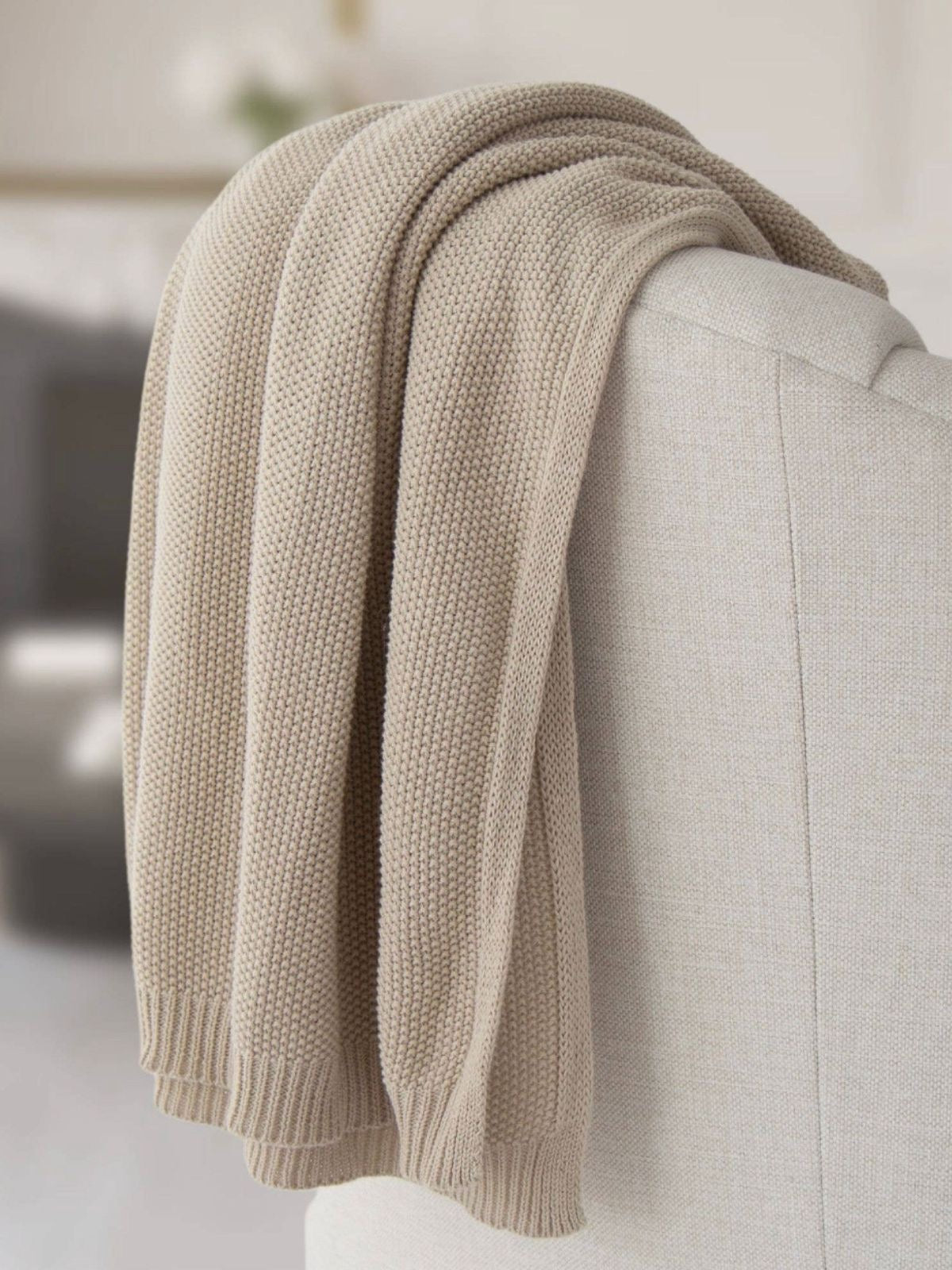 100% Cotton Seedstitch Knit Decorative Throw Blanket Available in Luxury Oatmeal Color Sold by KYA Home Decor, 50W x 60L.