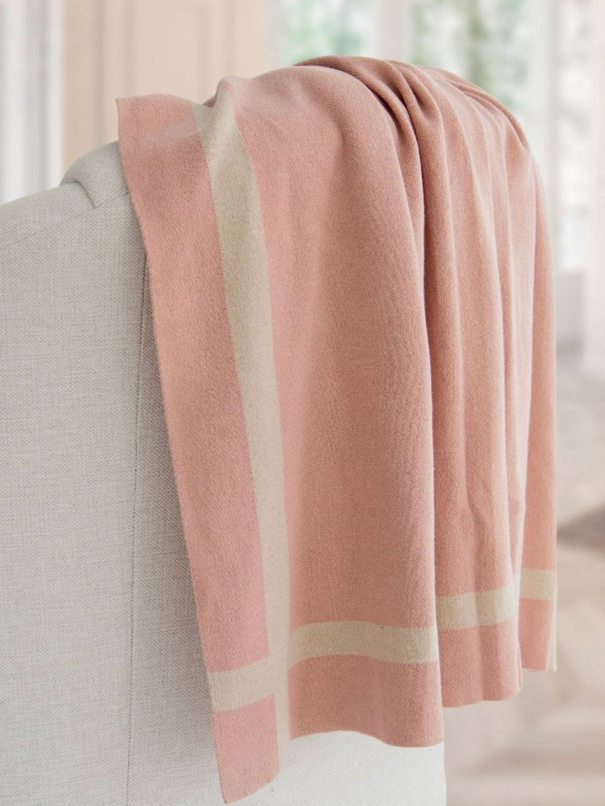 100% Cotton Equestrian Stripe Knit Decorative Throw Blanket in Luxurious Dusty Blush Color.
