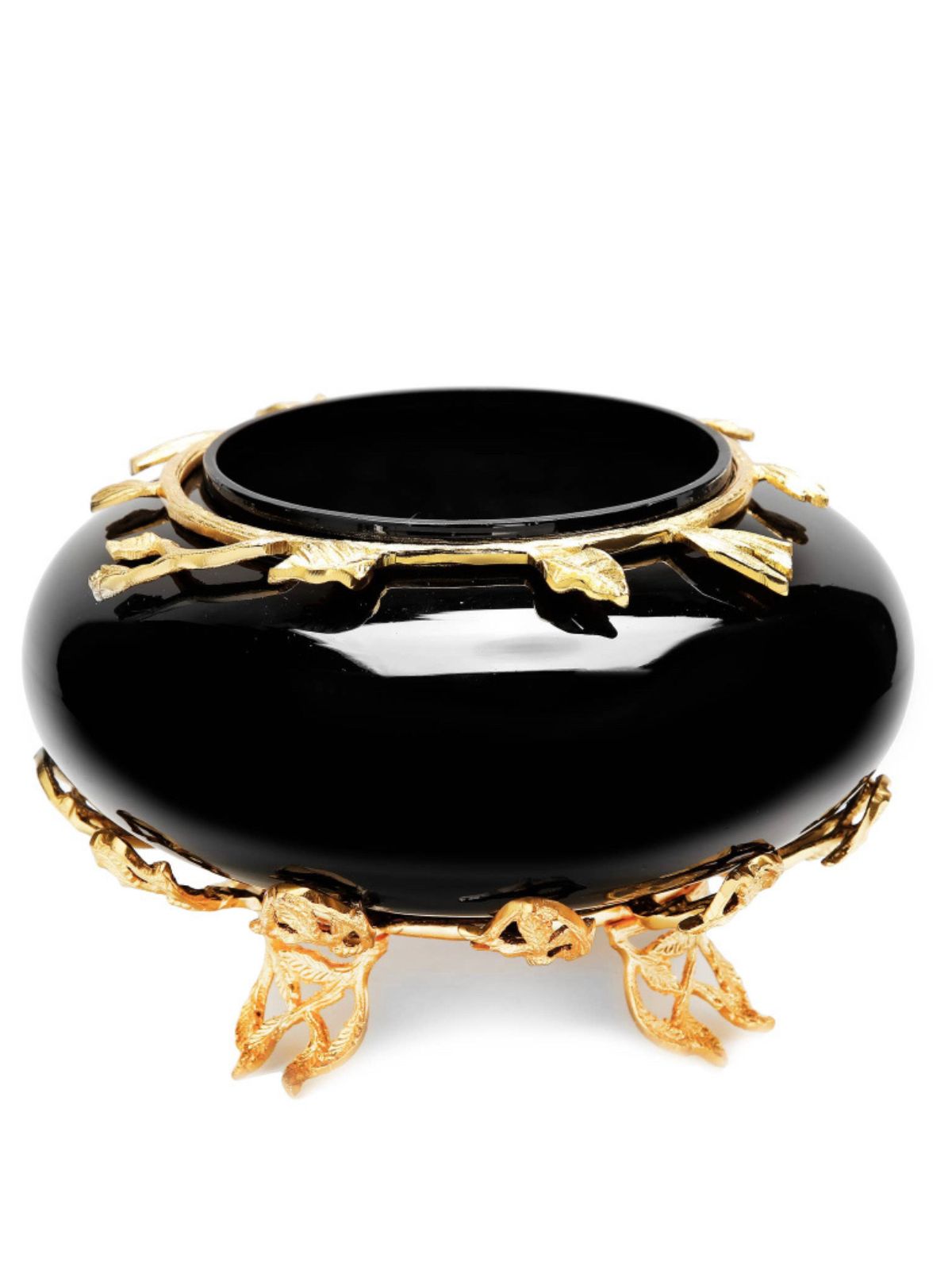 Black Glass Bowl Footed On a Luxury Gold Leaf Designed Base, 10D x 6H.