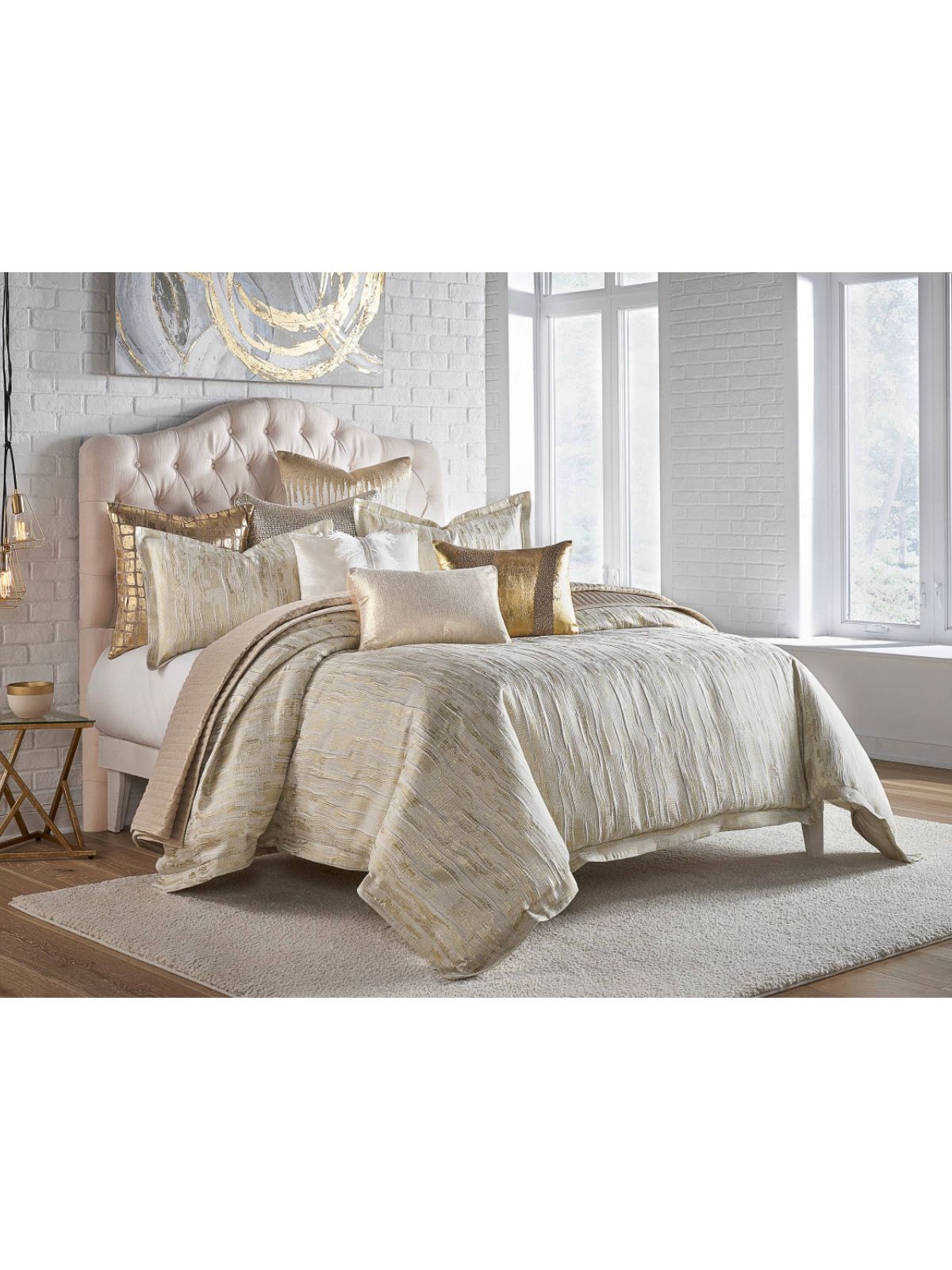 Ivory Duvet Set with Gold Metallic Design and Matching Shams.