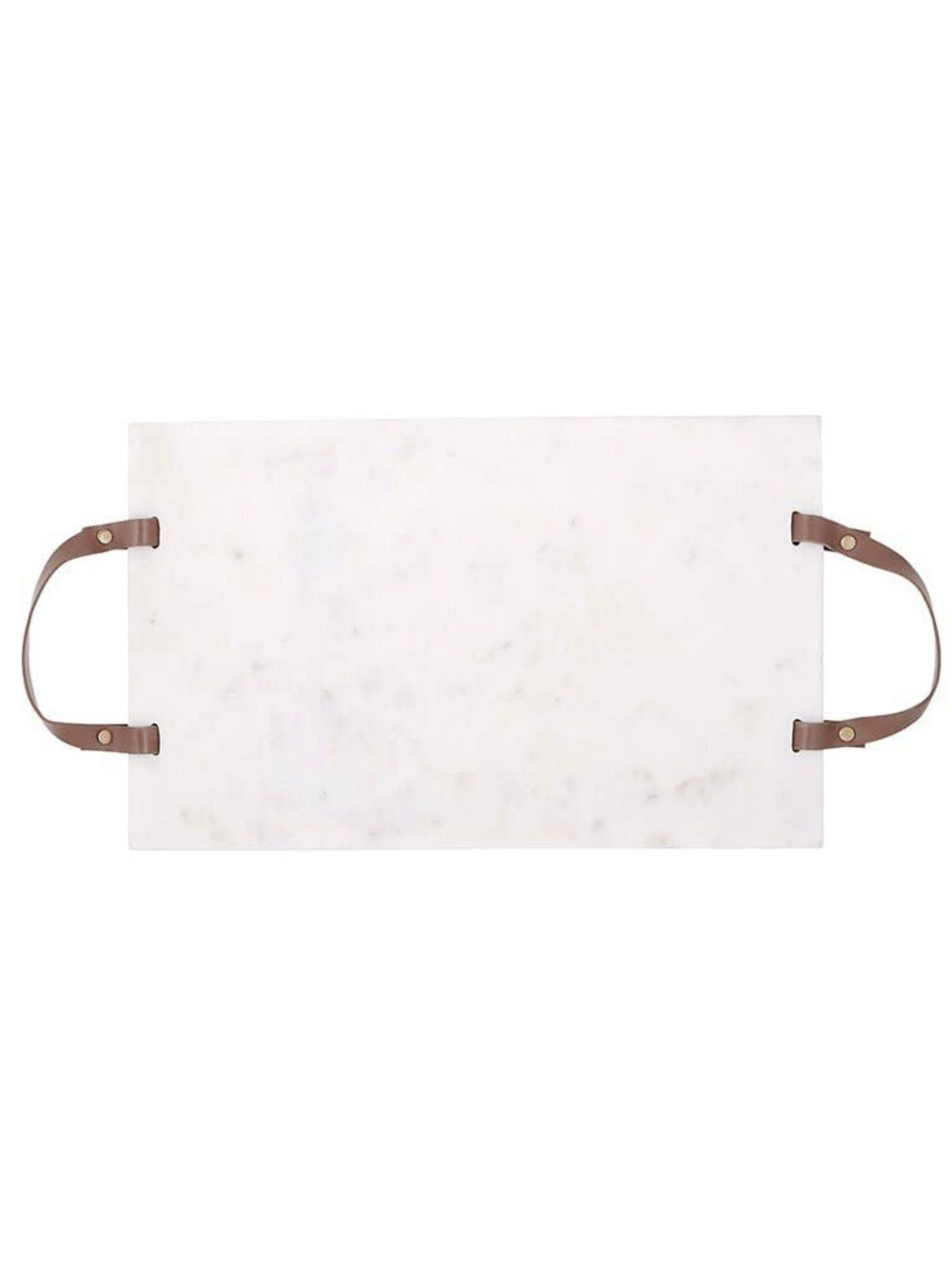 This 16 inch L Rectangular serving tray features white marble and brown leather handles for easy carrying. Stylish and completely versatile tray that can be used to elegantly display items around the kitchen or around the house. Sold by KYA Home Decor