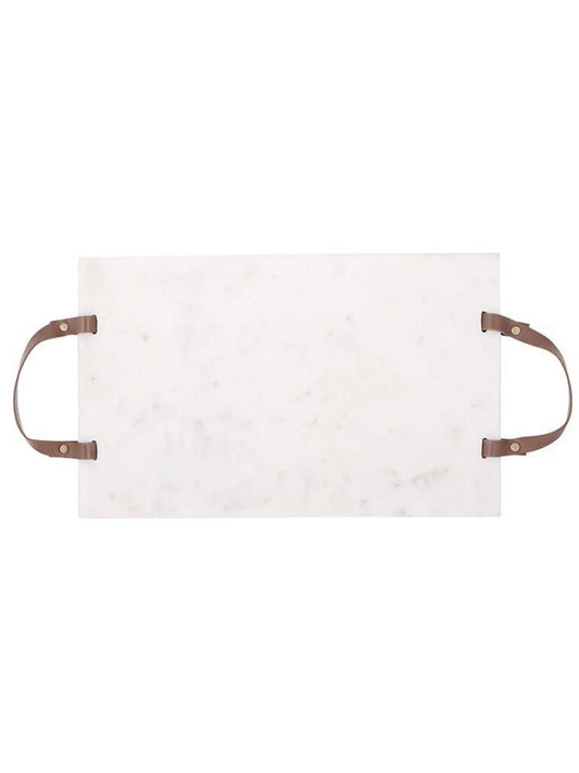 This 16 inch L Rectangular serving tray features white marble and brown leather handles for easy carrying. Stylish and completely versatile tray that can be used to elegantly display items around the kitchen or around the house. Sold by KYA Home Decor