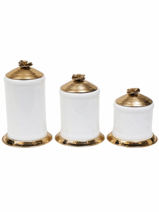 Luxury white ceramic canisters with gold base and gold hammered lid with floral details, 3 Sizes - KYA Home Decor.