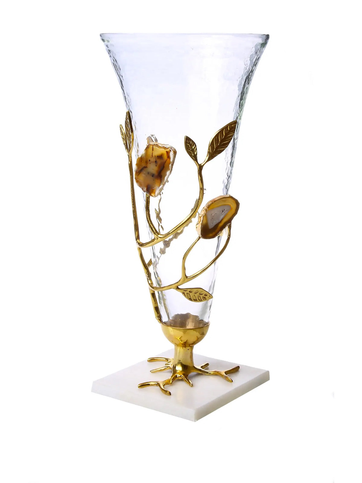 15H Luxury Glass Vase With Gold Leaf Surrounding its Exterior on a Agate Stone Base - KYA Home Decor