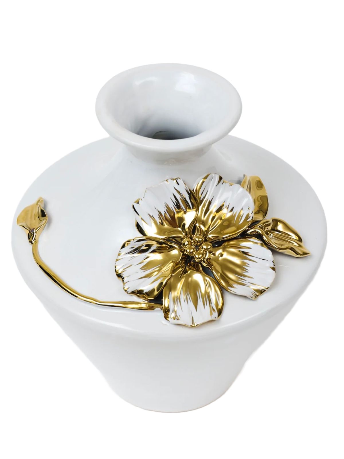 The astonishing Rosella White Vase with Gold Flower Design is is a must-have item! The white ceramic vase is enhanced by the bold 3D gold and white floral design!