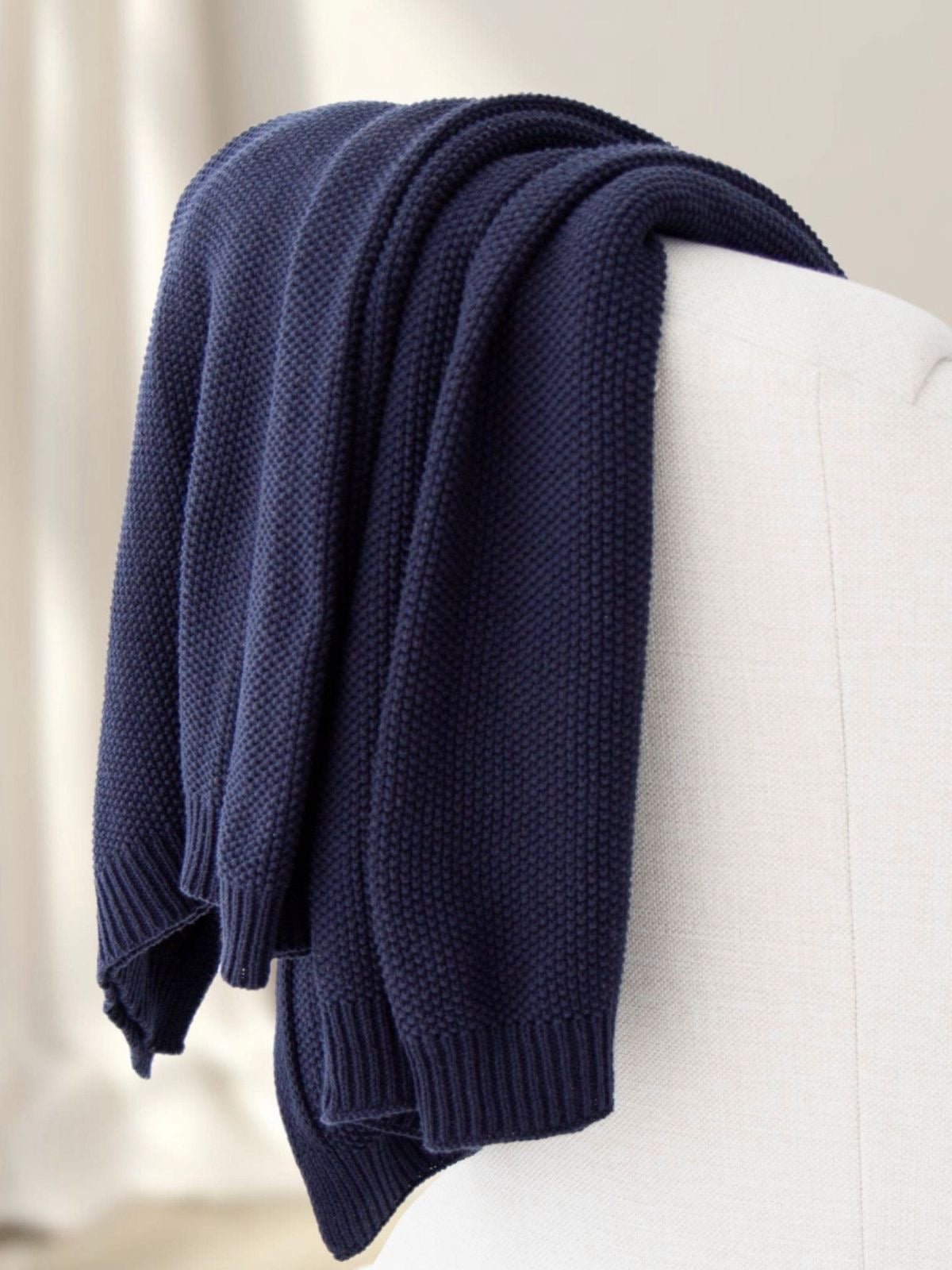 100% Cotton Seedstitch Knit Decorative Throw Blanket Available in Luxury Navy Color Sold by KYA Home Decor, 50W x 60L.