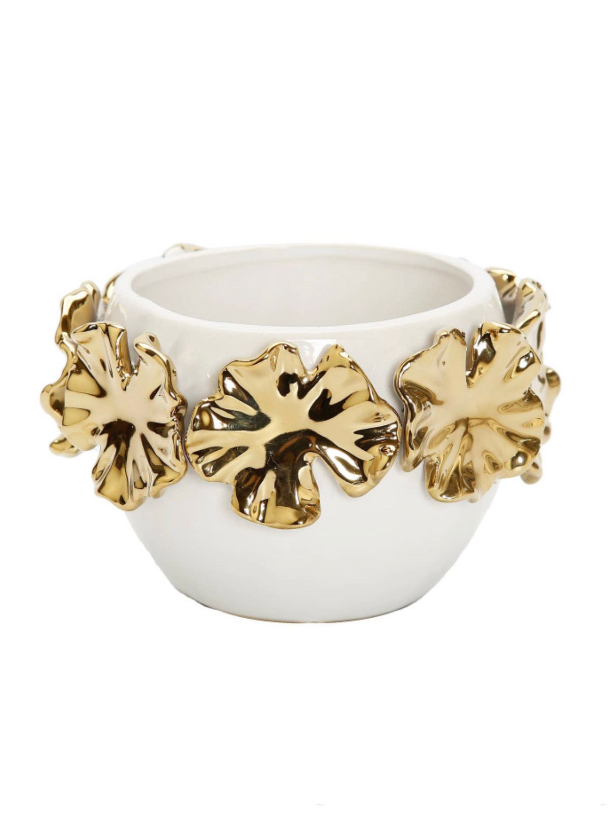 This fascinating Rosalinda white bowl with gold flower petals is a must-have item to glamorize your home. The white base enhances the bold gold floral on top. This unique piece can be styled in multiple ways.