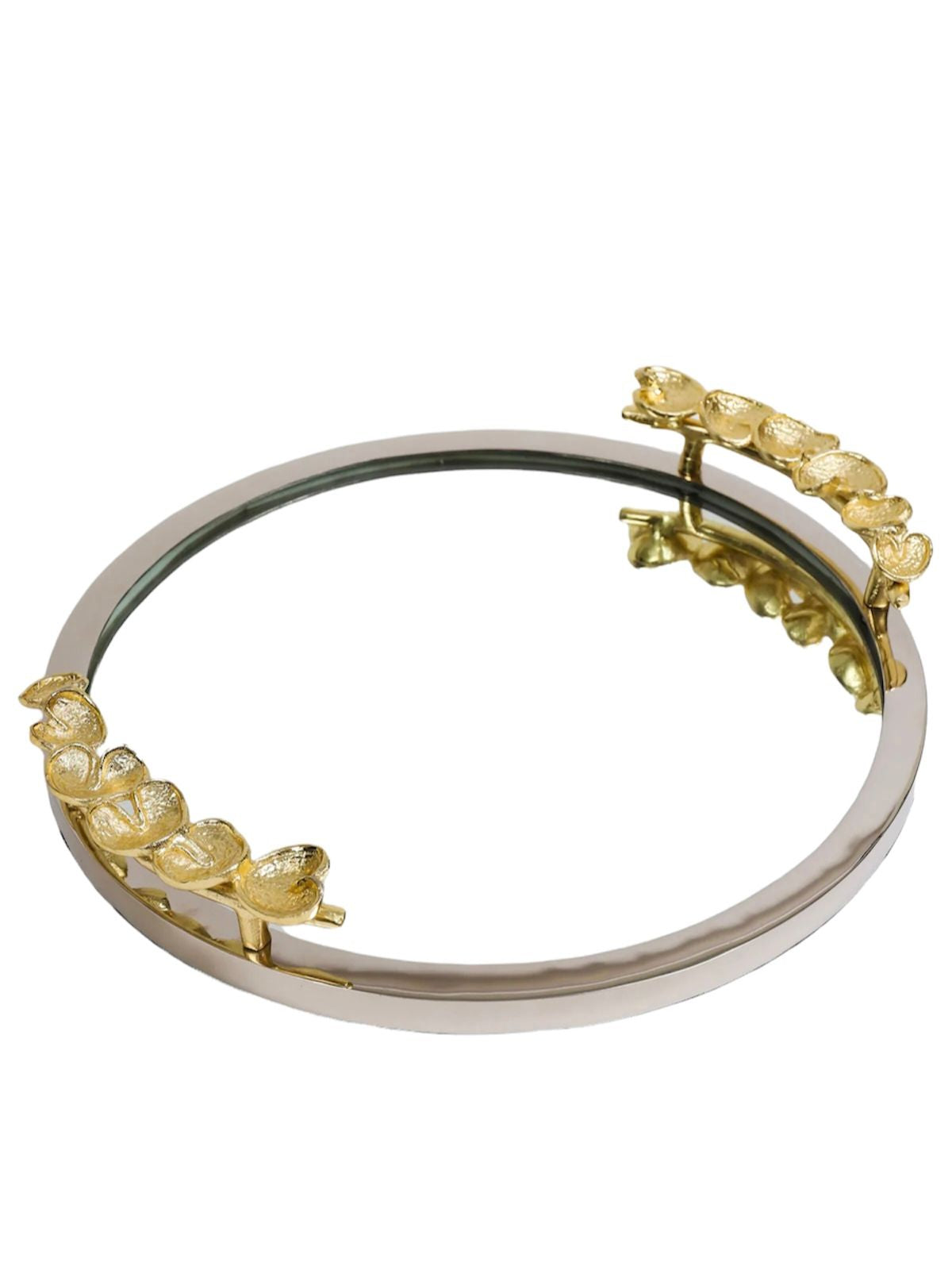 Large round stainless steel decorative mirror tray with gold petal handles sold by KYA Home Decor.