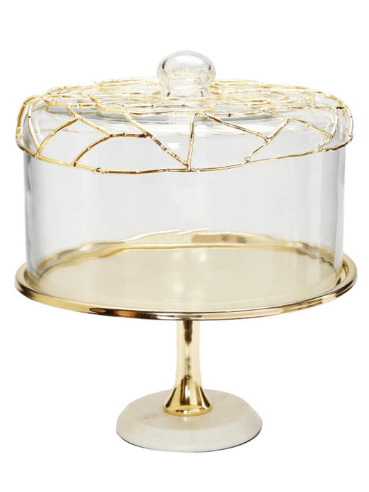 11.25D Gold Cake Stand on Marble Base with Glass Dome and Gold Mesh Design sold by KYA Home Decor.