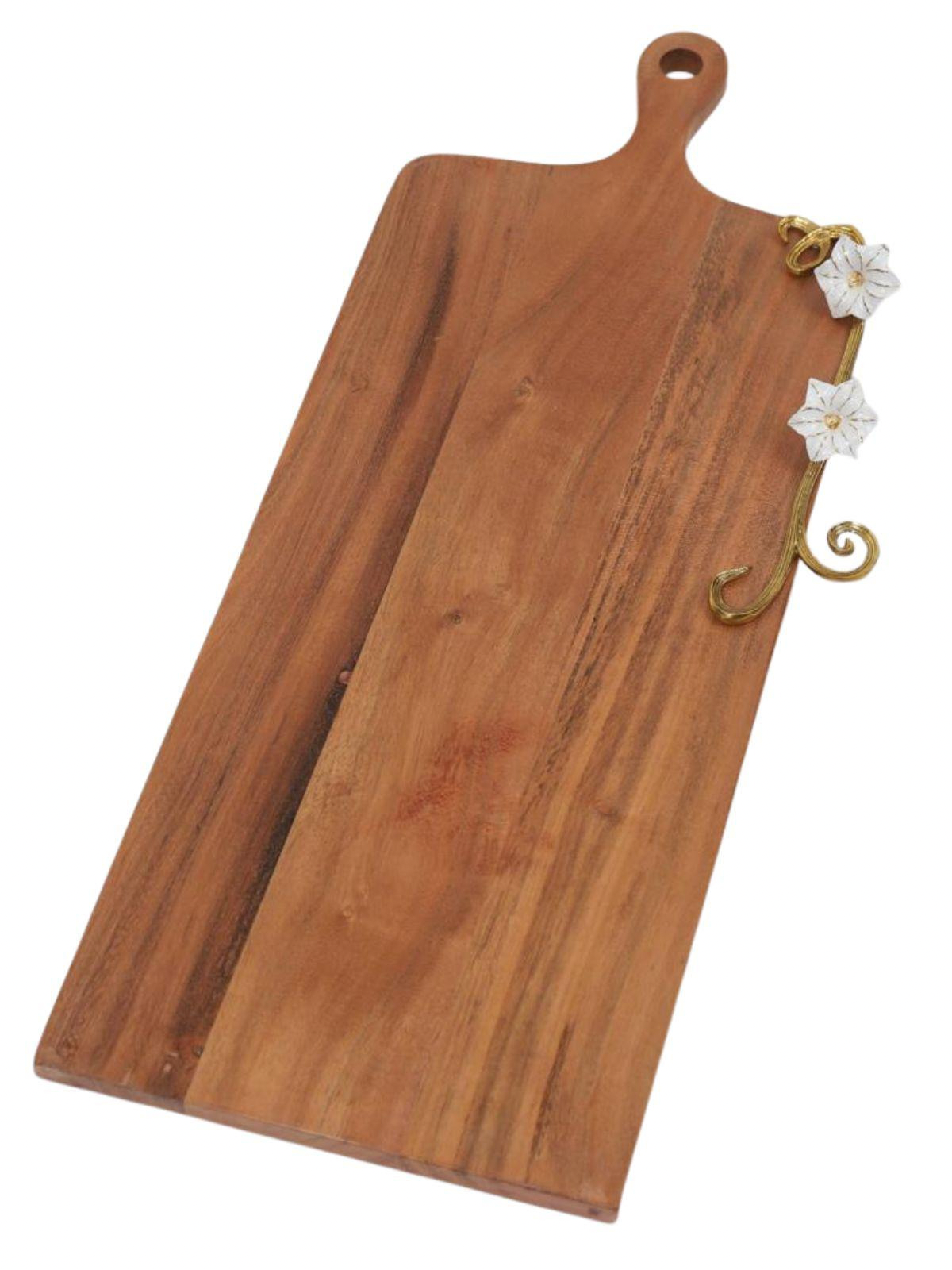 Luxurious Wood Charcuterie Board with White Lotus Flower Design and Handle, Measuring 24L X 9W inches.