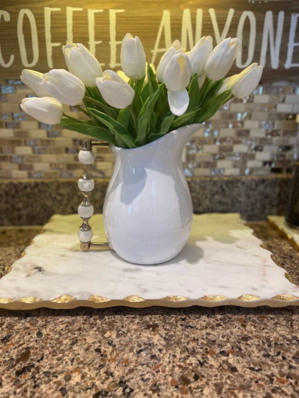 White Ceramic Pitcher with White and Gold Beaded Handle With White Faux Flowers