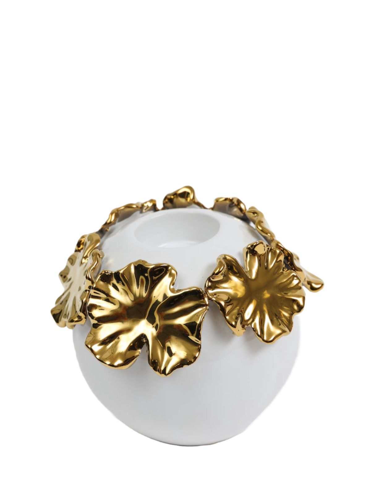 7 inch White Ceramic Tea Light Holders with Cascading Gold Floral Details, Sold by KYA Home Decor.