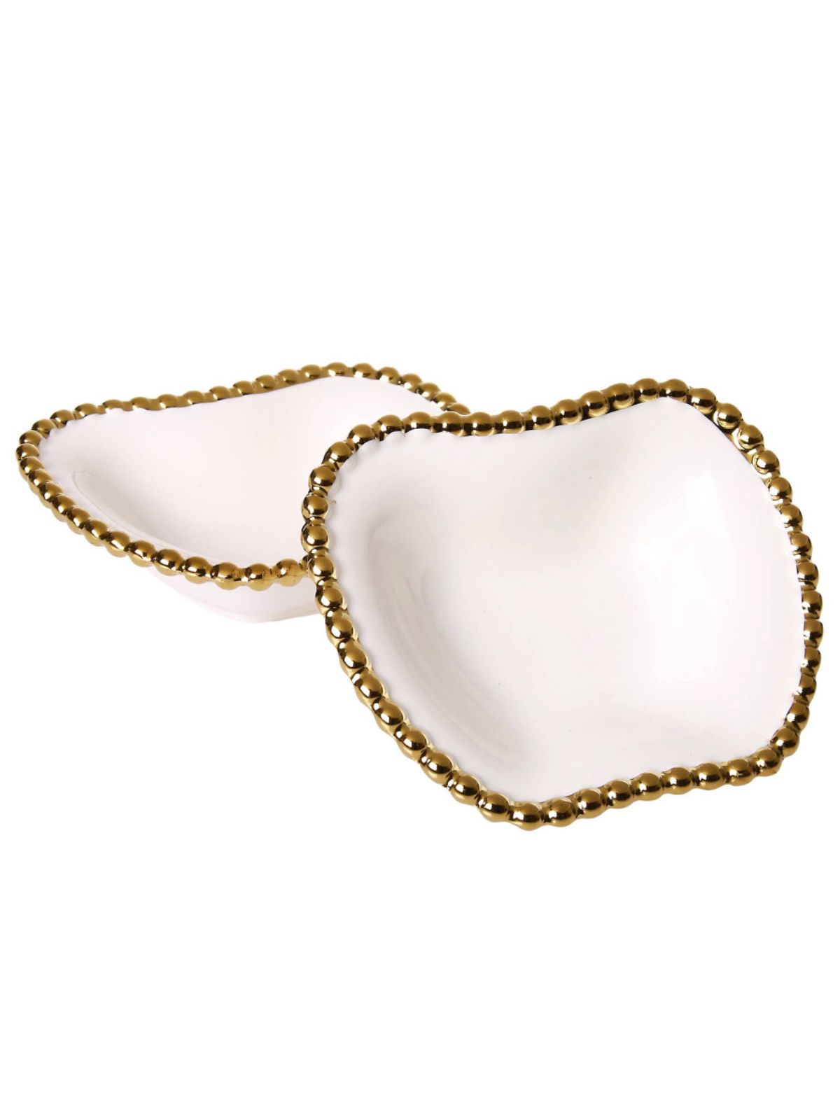 Mother Nature's designs are sweet and inviting. This apple shaped dish features a gold beaded edge on fine white porcelain material. Eco-chic and unique, these bowls are useful for fruit chunks, chocolates, and candy.