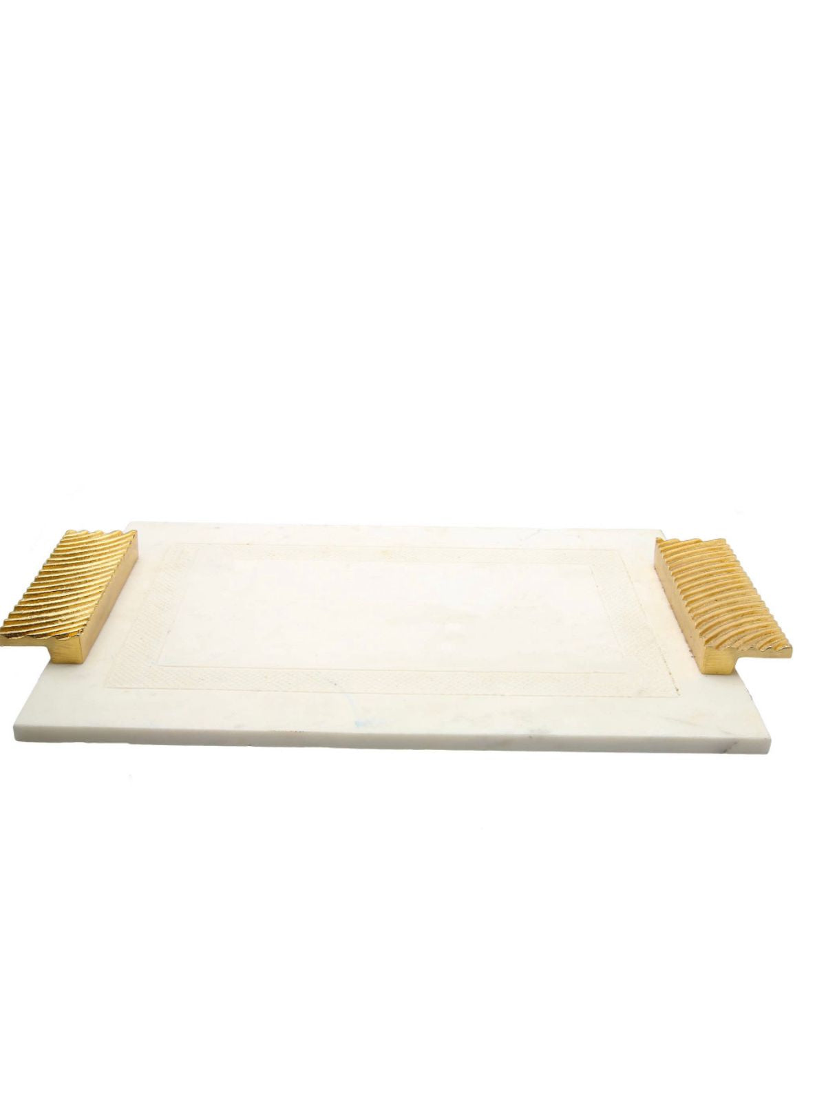 Rectangular Gray Marble Tray with Luxurious Gold Bradd Handles, Measuring 16L x 11W.
