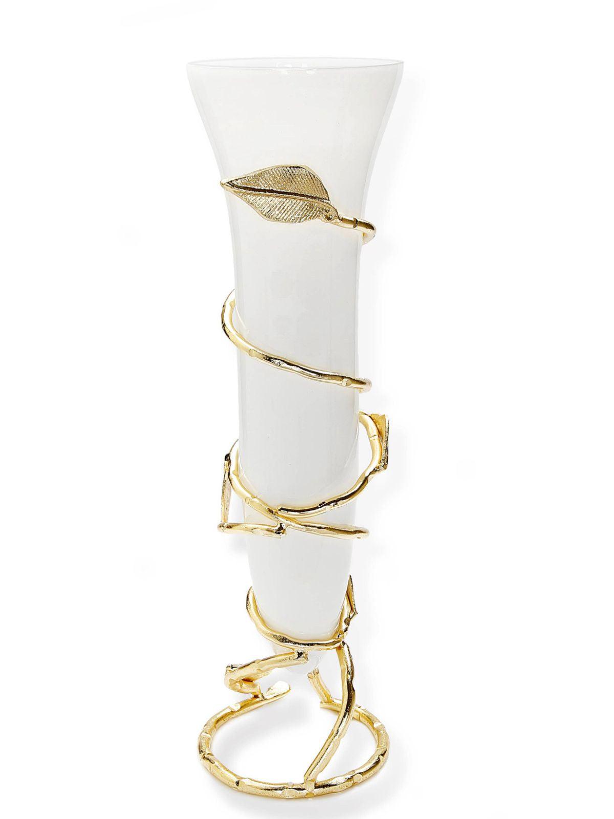 16.5H Stainless Steel Gold Spiral Leaf Vase with Luxurious White Glass Insert - KYA Home Decor