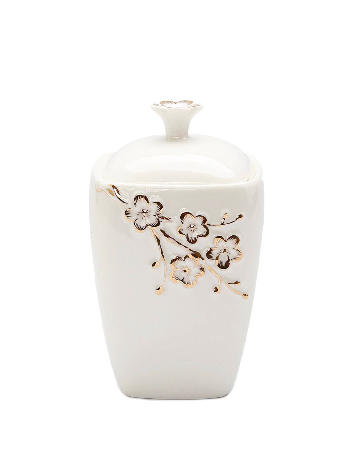 This covered sugar bowl features a white color with sparkling gold accents and a beautiful flower design. An exquisitely drawn floral adorns each piece with sparkling gold accents that make this bowl a truly gorgeous gift range.