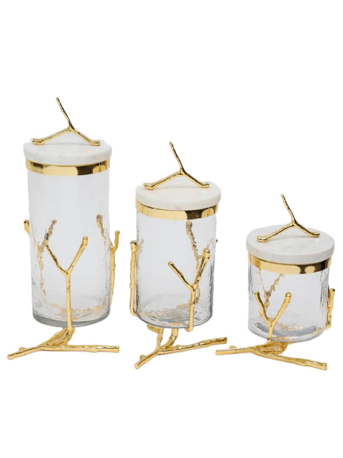 Luxury Glass Canister With Gold Twig Base and Marble Lid with Gold Twig Knob, 3 Sizes - KYA Home Decor.