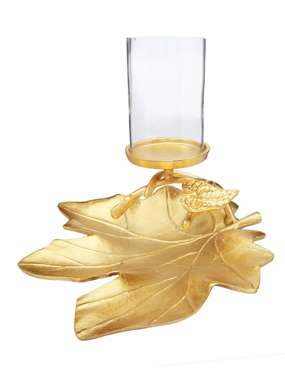 10.5H Glass Candle Holder on Stainless Steel Gold Leaf Dish. Sold by KYA Home Decor.