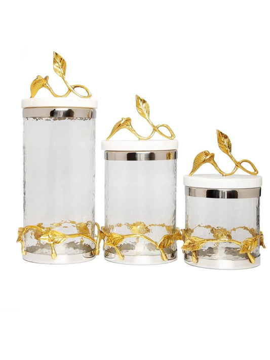 Luxury Glass Kitchen Canister With Gold Leaf Design and Marble Lid, 3 sizes - KYA Home Decor.