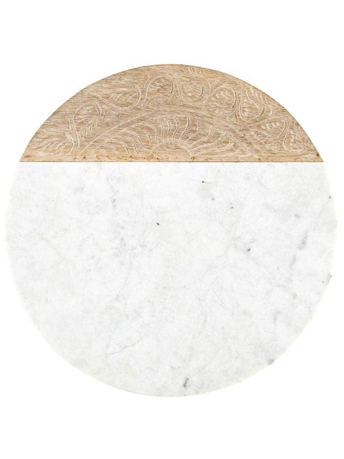 This gorgeous unique 12in round board is mixed with white marble and natural mango wood. Use this board to display appetizers, cheeses and charcuterie available at KYA Home Decor